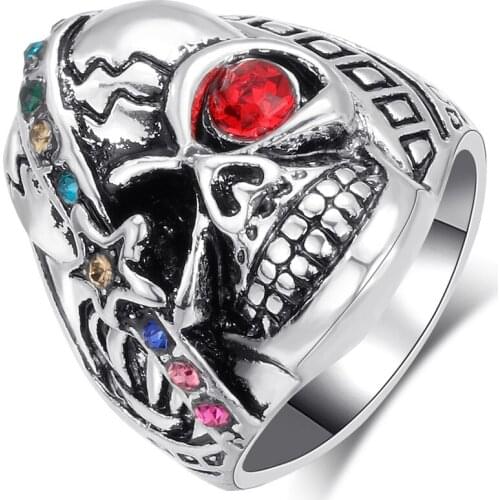 MIQIAO Silver Plated Punk Skull Evil Red Eyes Monster Vitnage Hip Hop Rings for Women Men Couple Friends Gift Fashion Jewelry An
