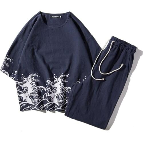 Men Sportswear Cotton Linen Printed Chinese Traditional Casual Jogger Workout Yoga Meditation Set Sport Suit Sweatshirt+pant