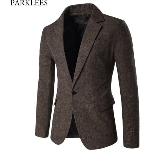 Mens Blazer Jacket Herringbone Sport Coat Smart Formal Dinner Cotton Suits Slim Fit One Button Notch Lapel Casual Coat Coffee