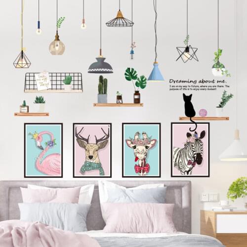 [shijuekongjian] Chandeliers Lights Wall Stickers DIY Animals Mural Decals for Living Room Kids Bedroom Kitchen House Decoration