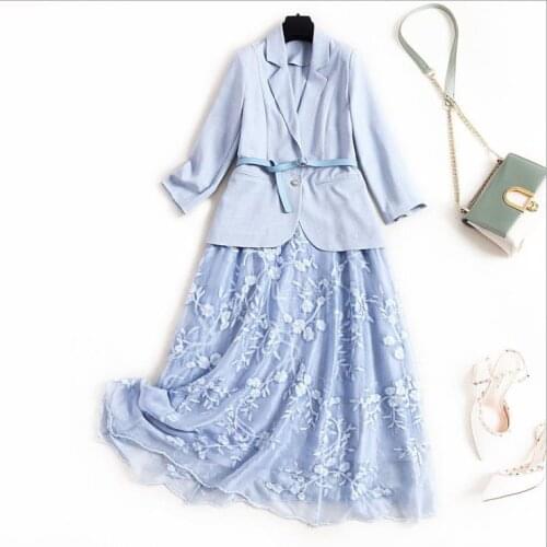 New European and American womens dresses for spring Jacket seven - minute sleeves Condole belt Embroidered dress two-piece