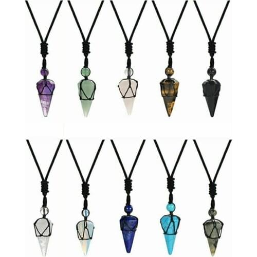 Natural Stone Cone Crystal Pendant Necklace Quartz Black Rope Wrapped Treatment Necklace for Men Men Female Fashion Jewelry