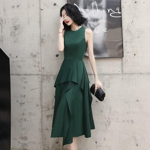 Special Occasion Dress Vintage O-Neck Sleeveless Luxury Dark Green Knee-Length A-Line Satin Fashion Elegant Lady Prom Gown E1010