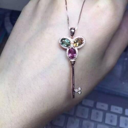 Natural multicolor tourmaline pendant 925 sterling silver Natural Gemstone Pendant Necklace Elegant Delicate key Lucky clover