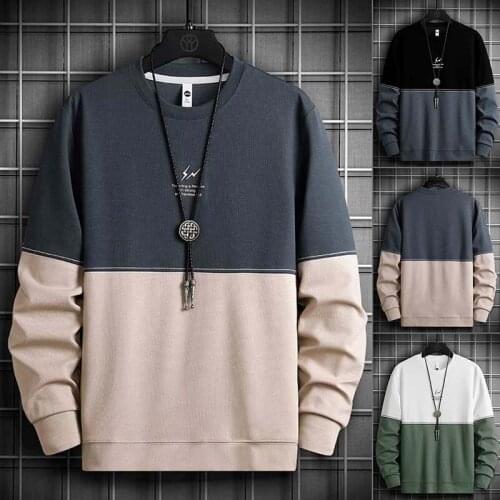 Elena Store New Fashion Spring and Autumn Mens Loose Long-sleeved Trendy Printed Pullover Casual Stitching Embroidered Top