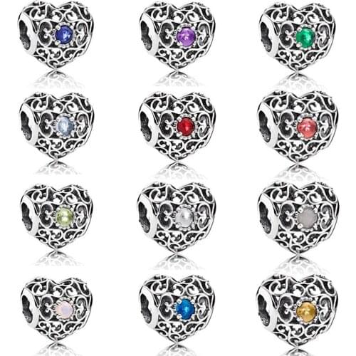 New 925 Sterling Silver Heart-shaped Birth Stone Charm Beads Suitable DIY Bracelet 12 Months Color Choice Diy Jewelry Gift