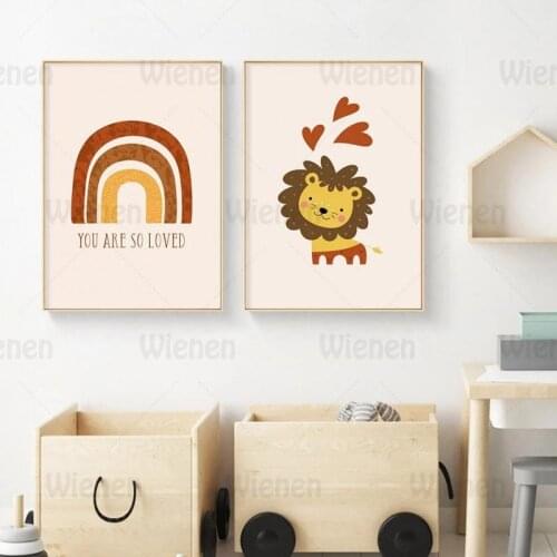 Boho Nordic Cartoon Poster Lion Rainbow You are so Loved Quotes Picture Nursery Decor Baby Room Prints Canvas Painting Wall Art