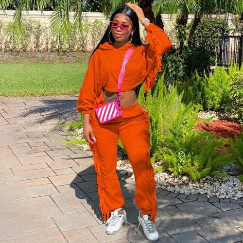 Tassels Patchowrk Two Piece Sport Suit Home Clothes for Women Hooded Long Sleeve Crop Hoodie and Jogger Pant Casualwear Sets