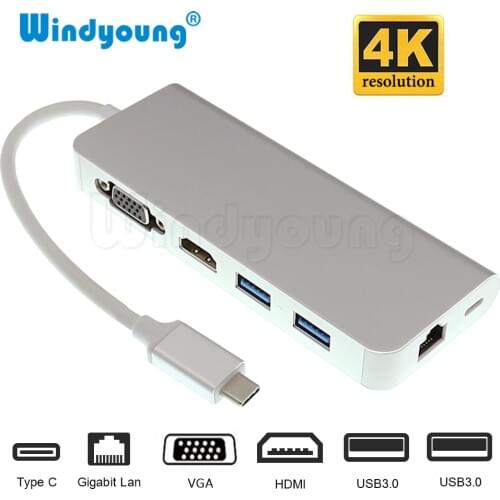 Thunderbolt 3 USB 3.1 Type-C Hub to HDMI Adapter 4K 30Hz VGA 1000M Gigabit RJ45 with USB 3.0 Hub Type C PD Charging Adapter