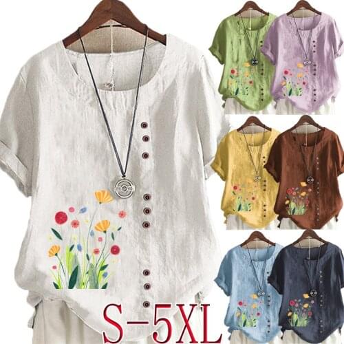 Women Loose Round Neck Short Sleeve T-shirt Casual Flower Printed Shirts & Tops Ladies Plus Size Blouse