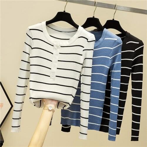 Spring and Autumn Woman Sweaters Fashion Round Collar Computer Knitted Casual Womens Sweaters Slim Fit Stripe Lady Sweaters