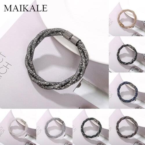 MAIKALE Lovely Austrian Crystal Mesh Bracelets Tube Cuff Bangles Multicolor Magnetic Clasp Bracelets for Women Girls Charm Gifts