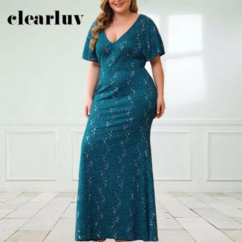 Solid Color Women Party Dresses DR1529 Deep V-Neck Robe De Soiree Short Sleeve Vestidos De Fiesta Shiny Sequin Evening Dress