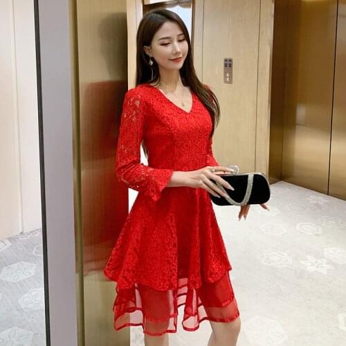 2020 High-end Women O Neck Half Sleeve Elegant Party Dresses Bandage Vintage Red Lace Dress Spring Office A Line Dresses Vestido