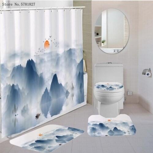 4 Pieces Mountain River Landscape Shower Curtain Sets Beautiful Scenery Bathroom Set Carpet Cover Toilet Cover Home Bath Set