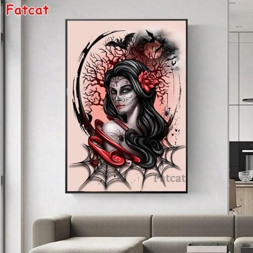 Skull woman 5d diy diamond painting full square round diamond embroidery mosaic Dark & Lovely Art halloween Horror Witch PP1384