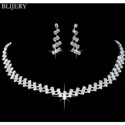 BLIJERY Silver Color Crystal Bridal Jewelry Sets Rhinestone Choker Necklace Earrings Set for Women Party Wedding Jewelry Sets