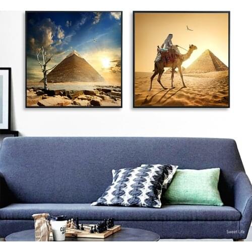 Egyptian Pyramids Camel Realistic African Landscape Wall Art Canvas Prints Egyptian Pyramids Paintings Modern Living Room Decor