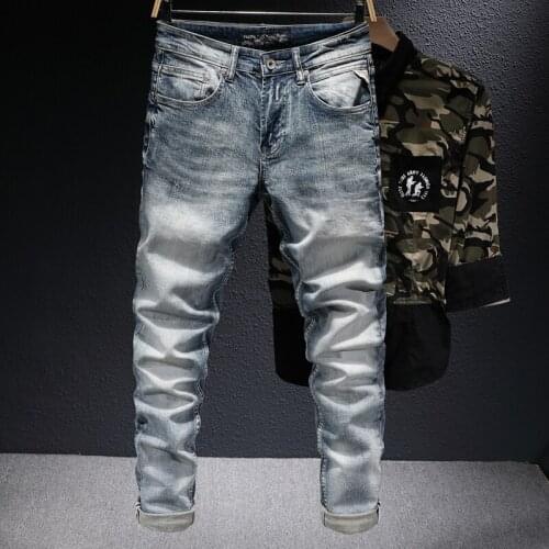 European Vintage Fashion Men Jeans Retro Light Blue Elastic Cotton Slim Fit Ripped Jeans Men Scratch Designer Casual Denim Pants