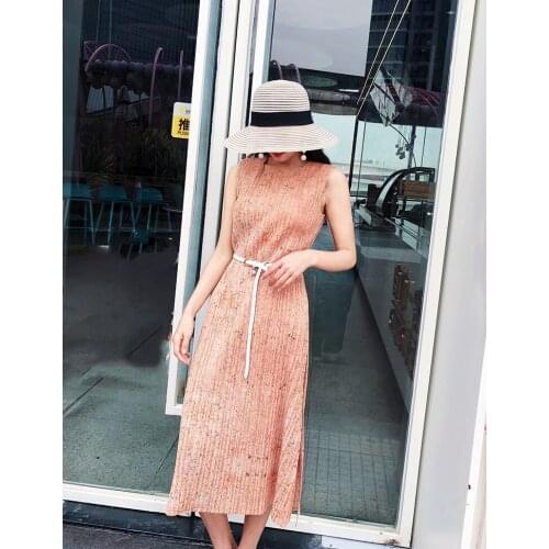 HOT SELLING fashion miyake o-neck sleeveless Double-sided buttons pleated Bellflower French Dress IN STOCK