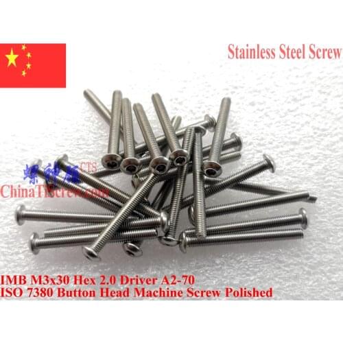 ISO 7380 Stainless Steel screws M3x30 Button Head Hex Driver A2-70 Polished ROHS 100 pcs