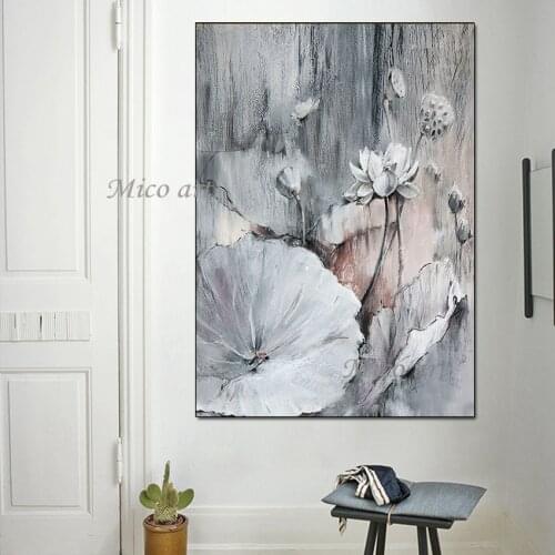 100% Handmade Paintings Of Lotus Flowers In Grey The Composition Is Clever High Quality Oil Painting Hand-painted Wall Art