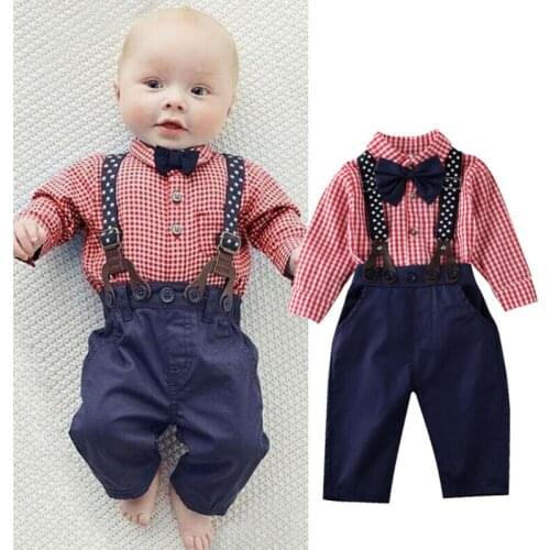 Newborn Baby Boys Gentleman Clothes Sets 0-24M Tee Plaid Print Long Sleeve T-shirt Tops+Suspender Pants Outfits Set