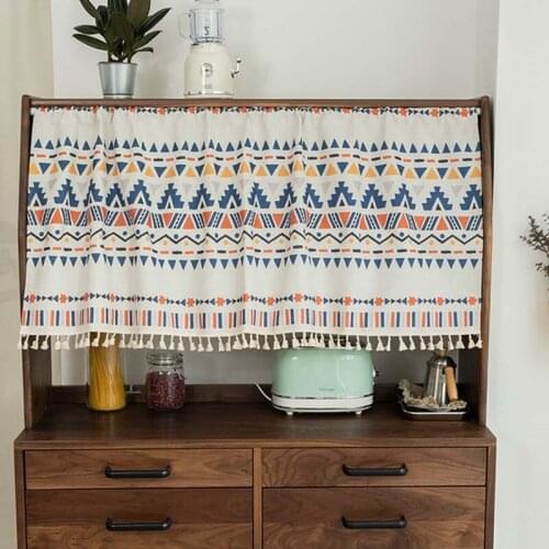 Short Curtain Cafe Kitchen Window Blackout Boho Geometric Drape Cotton & Linen with Tassel White for Bathroom Cabinet 1pc TJ3775