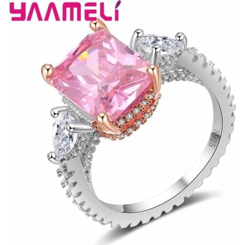Square Shape Sweet Lovely Pink Princess Finger Ring Classic 925 Sterling Silver Super Bright Cubic Zircon Gift For Women