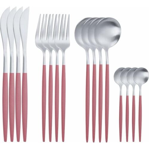 16Pcs Matte Pink Silver Stainless Steel Cutlery Tableware Set Dinnerware Flatware Set Forks Knives Spoons Set Thin Silverware