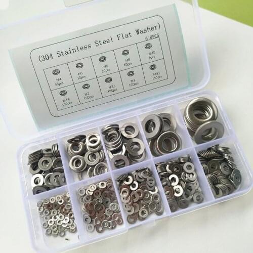 618pcs 304 stainless steel flat washer kits M1.6 M2 M2.5 M3 M3.5 M4 M5 M6 M8 M10 Flat Washer Plain Washer Gasket Assortment Set