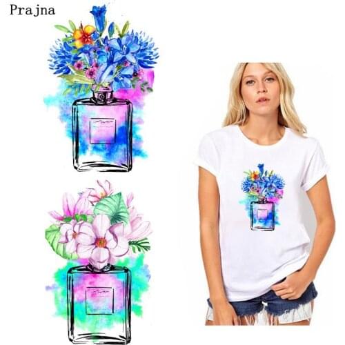 Prajna Perfume Bottle Rose Flower Patches Thermo Stickers On Clothes Applique DIY Iron On Transfers For Clothing Girl T-shirts