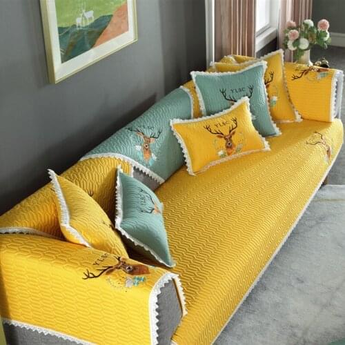 All Cotton Embroidered Deer Armrest Backrest Sofa Cover Towel for Living Room Yellow Gray Non Slip Four Season Use Home