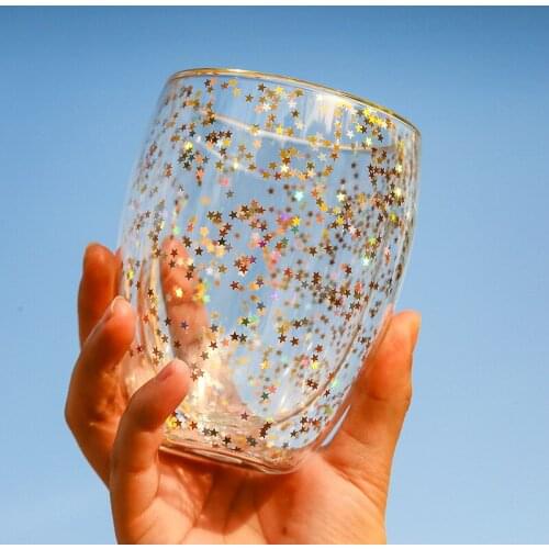 2pcs Transparent Glass Coffee Cup Double Bottom Heat-resistant Glass Cup Creative Sky Star Sequins Cup Whiskey Beer Milk Mug