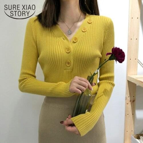 Autumn Winter New Korean Long Sleeve Pullover V-neck Knitted Sweater Slim Gentle Knitwear Fashion Women Pull with Button 10807