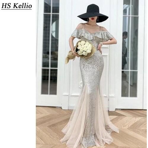Silver-Evening-Dress Sequined Sparkle Long Mermaid Evening Gown Spaghetti Strap