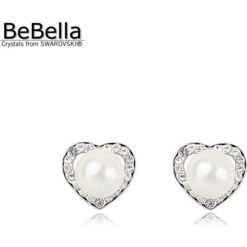 BeBella heart stud earrings with round pearls made with Crystals from Swarovski for women jewelry fashion girl Wedding gift