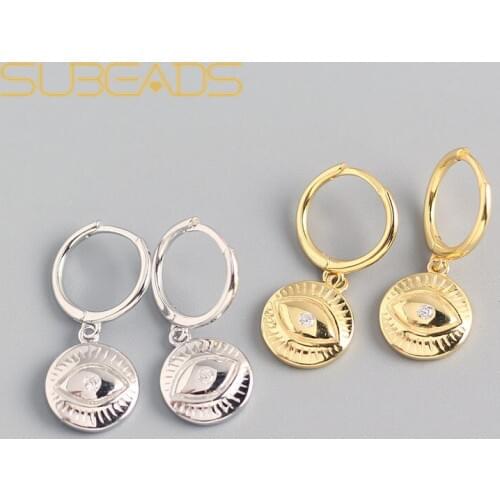 Subeads Real 925 Sterling Silver Evil Eye Dangle Hoop Ear Clip Earrings For Women Girls Geometric Circle Clip Jewelry Gifts