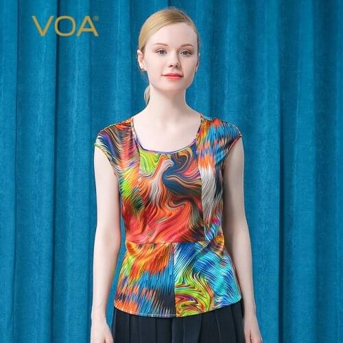 VOA Mulberry Silk Satin Round Neck Sleeve Oil Color Halo Dye Simple Versatile Basic Version Home Elastic T-shirt for Women BT59
