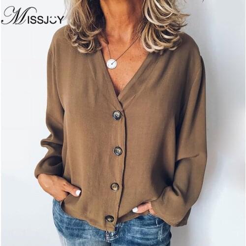 MISSJOY Women Shirt 2020 Spring New Cardigan V-Neck Button Plus Size Ladies Casual Long Sleeves Elegant Office Blouse Tops Black