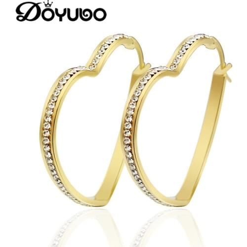 DOYUBO Hyperbole Lady Stainless Steel Earrings Gold Color Fashion Earrings With White Cubic Zirconia Lovely Heart Earrings DB031