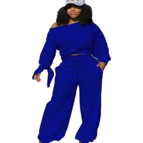 Winter Long-sleeved Knotted Sweater Two-piece Oblique Shoulder Top Wide-leg Pants Street Fashion Brand Warm Womens Suit S-3XL