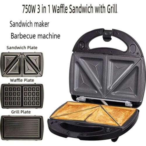 3 in 1 Sandwich Press Waffle and Steak Machine 750W Sandwich Toaster with 3 Detachable Non-Stick Plates US Plug