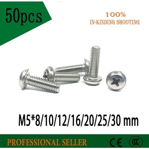 50pcs M5*8/10/12/16/20/25/30mm 304 stainless steel round head screws Pan head with pad screw With dental screw