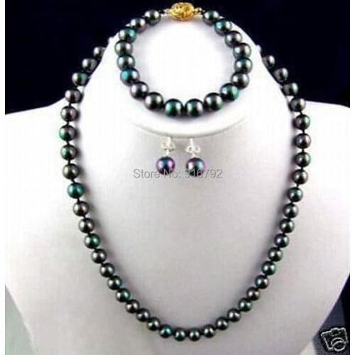 Free P&P >>>>8-9mm REAL BLACK CULTURED PEARL NECKLACE (18inches) & BRACELET 7.5" EARRINGS SET