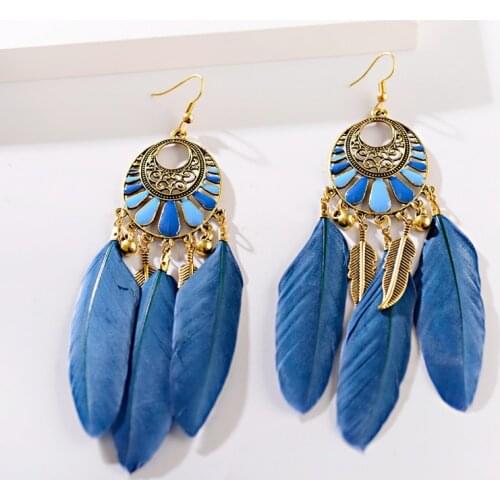 Ethnic Bohemian Womens Flower Blue Feather Earrings Gypsy Tribe Pendant Tassel Earrings Brincos Bijoux Long Dangle Earrings