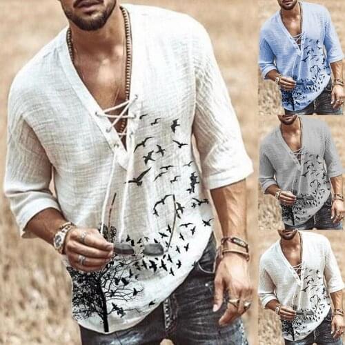 Mens Fashion Hippie Linen Shirt Casual Middle Sleeve V Neck Summer Beach Loose Tee Tops Solid Color T shirts 2021