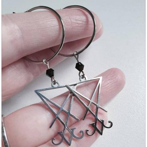 Goth Silver Colour Sigil of Lucifer Satanic Hoop Dangle Earrings Lucifer Sigil Symbol Witch Alternative Jewellery Women Gift