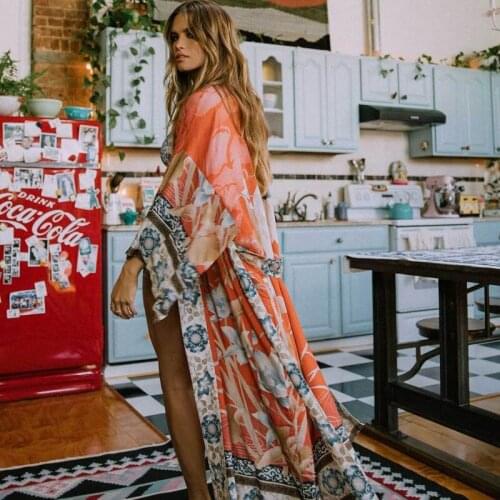2020 Women Oversize Beach Cover Up Kimono Vintage Print Floral Holiday Bikini Outing Boho Loose Long Cardigan Orange Coat Tunic
