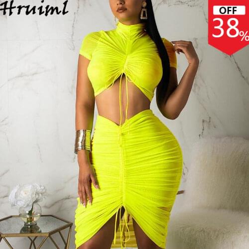 Sets Womens Outfits Summer Solid Color Ruched Drawstring Fashion Skirt and Top Set Women Slim Elegant Party Club 2 Piece